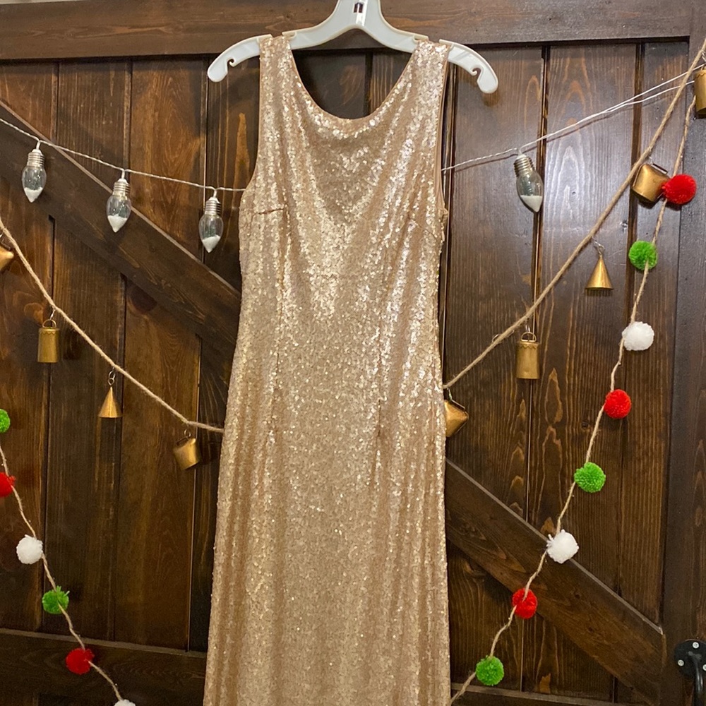 Low back, champagne sequin dress.